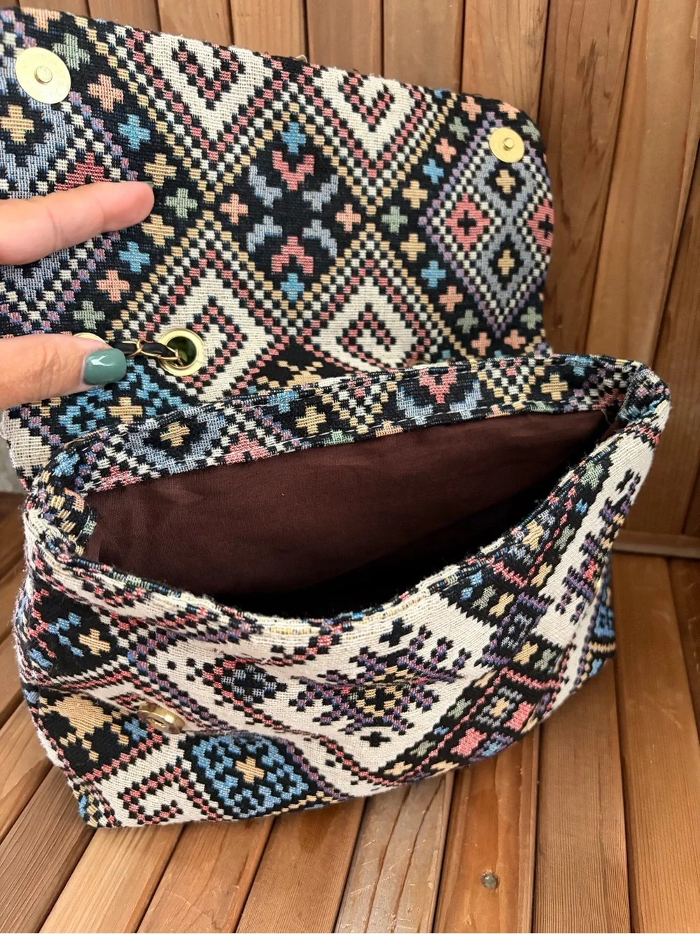 Boho Tapestry Crossbody and Convertible Shoulder Purse in Woven Geometric Print - Picture 8 of 10